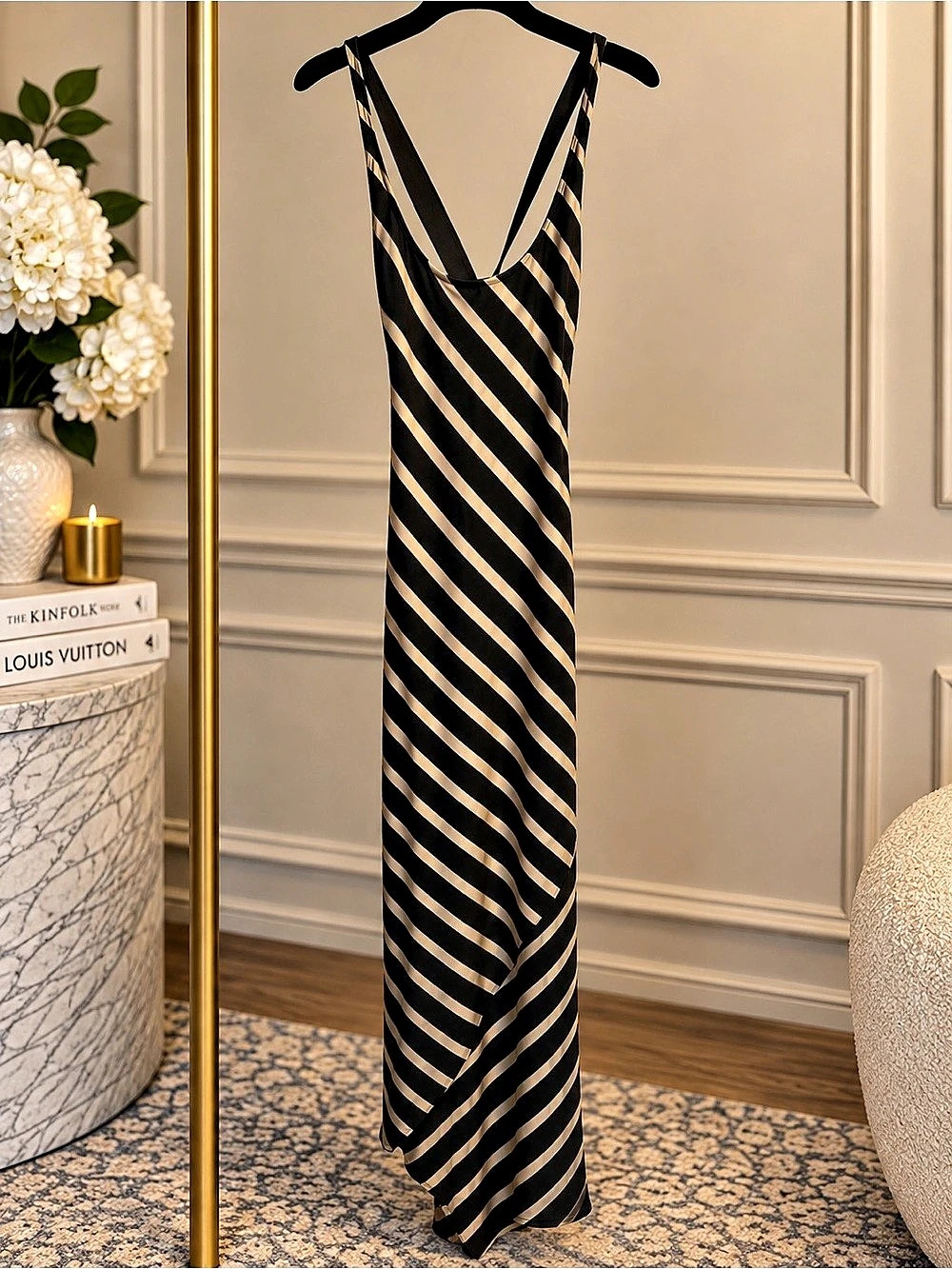 bebe Striped Maxi Dress in Black & Gold Size Small
